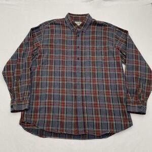 LL Bean Button Down Flannel Shirt Cotton Mens XL Gray Red Plaid Workwear